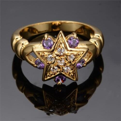 Vintage Yellow Gold Cute Star Ring Purple Round Small Stone Rings For Women Wedding Jewelry Luxury Fashion Engagement Ring Gifts