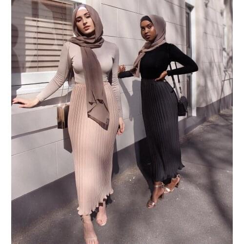 Women Muslim Pencil Long Skirt Chiffon Pleated Skirt Elastic Skirts High Waist Turkey Islamic African Clothing Party Maxi Skirts