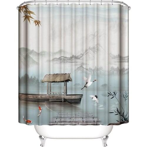 Traditional Chinese Landscape Painting Mountain River Pavilion Boat Fish White Crane Waterproof Shower Curtain Home Decoration