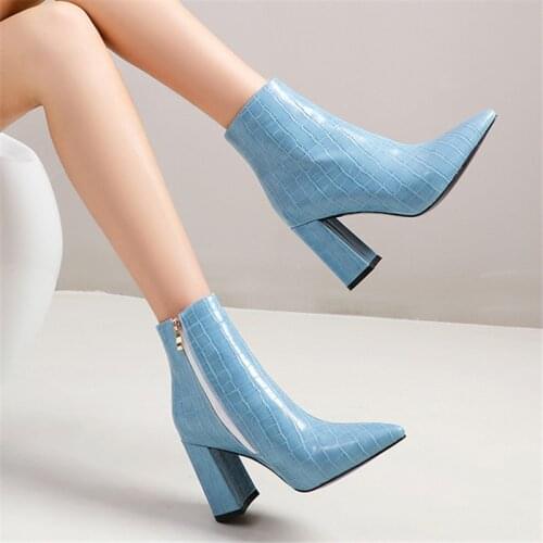 2021 hot sale ladies ankle boots sexy Thick heels pointed toe ladies boots winter women boots black blue brown