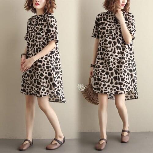 2021 New Summer Women Large Size Loose Fashion Stand-up Collar Dresses Leopard Print Casual Cotton And Linen Dress Female aq328
