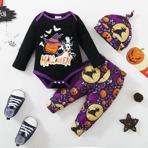 PatPat Baby 3pcs Halloween Letter Pumpkin and Wizard Print Long-sleeve Romper Set