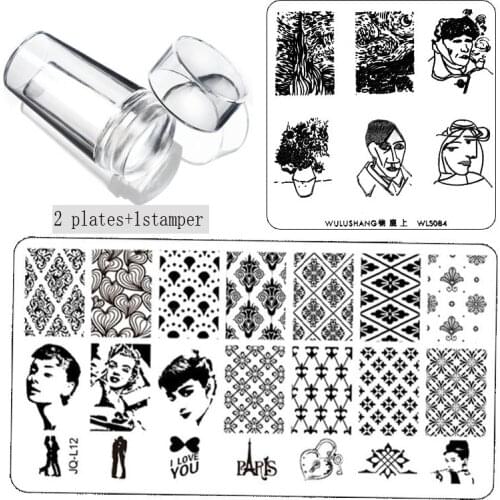 3 Pcs Portrait Series Nail Stamping Plates Set with Clear Jelly Stamper Scrapper Flower Leaf Lace Nail Art Image Plate Kit