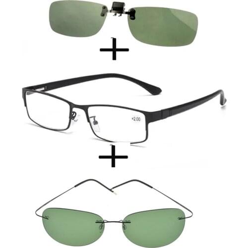 3Pcs!!!rectangular Metal Black Business Reading Glasses Men Women + Polarized Sunglasses Pilot Thin Leg Frame + Sunglasses Clip