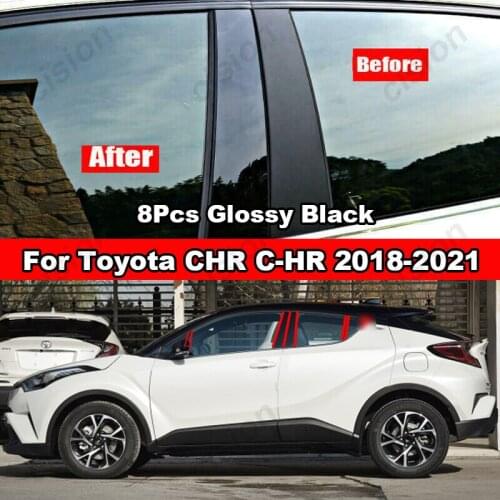 8Pcs Glossy Piano Black Car Door Window Center BC Pillar Posts Trim Cover PC Sticker For Toyota CHR C-HR 2018 2019 2020 2021
