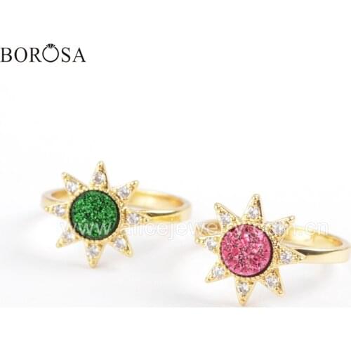 BOROSA 5PCS Summer Colors Gold Bezel Micro Pave CZ Crystal Star 7mm Round Rainbow Druzy Party Rings ZG0388