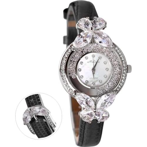 Bowknot Crystal Clock Lady Womens Watch Hours Japan Quartz Fashion Bracelet Leather Shell Luxury Rhinestones Girls Gift Box