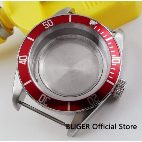 Bliger 41mm red alloy bezel stainless steel case Sapphire glass fit Miyota 8215 movement watch case C59