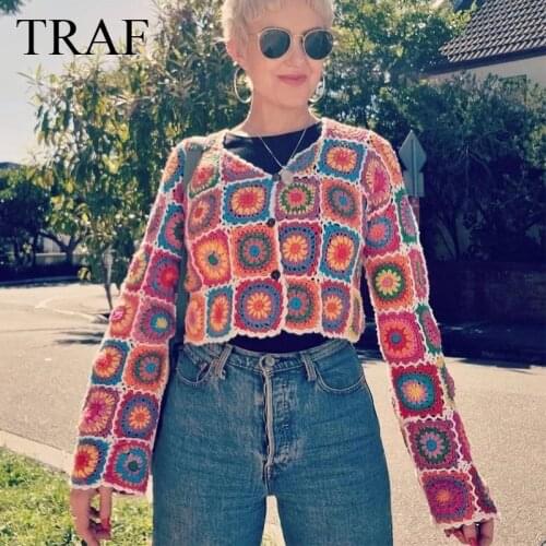 TRAF ZA Womens Clothes Cardigan Spring Autumn Vintage Colored Plaid Flower Hand Crochet Woman V Neck Long Sleeve Cardigan Mujer