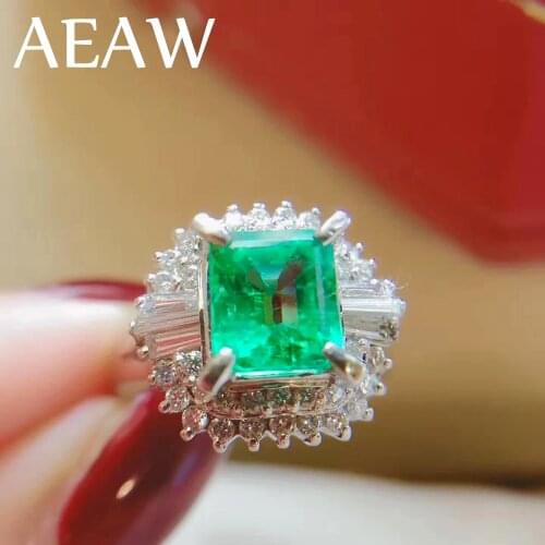 AEAW 3ct AAA Lab Created Colombian Emerald CCE Emgagement Ring Genuine Solid 14k White Gold with Lab Diamond Moissanite