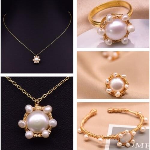 XlentAg Natural Fresh Water Pearl Ring Earrings Necklace Bangle Set For Women Wedding Gift Original Handmade Jewelry Sets GS0002