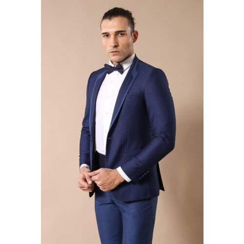 Dot Patterned Dark Blue Tuxedo Suit