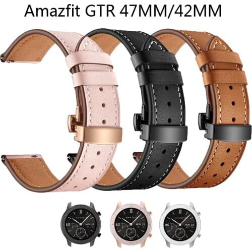 Leather straps For xiaomi Huami amazfit GTR 42mm 47mm strap smart watch Wristband 22mm 20mm bracelet Butterfly Metal buckle