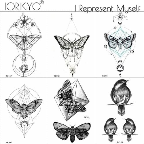 IORIKYO Fashion Geometric Moth Temporary Men Arm Tattoo Stickers Women Black Wrist Chains Waterproof Tatoos Summer Style Tattoo