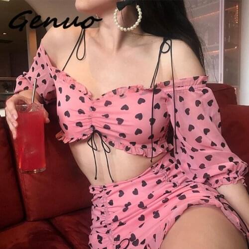 2019 New Off Shoulder Heart Print Short T-shirt Crop Top Sexy Women Ruffles Hem Mini Short Skirt Long Sleeve Tops 2 Pieces Set