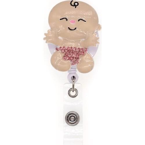 New Arrival Cute Baby Rhinestone Retractable Id Badge Holder Reel