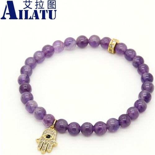 Ailatu Wholesale 6mm Natural Purple Crystal Stone Beads Micro Pave Zircons Fatima Hand Hamsa Pendant Bracelets Girl Gift