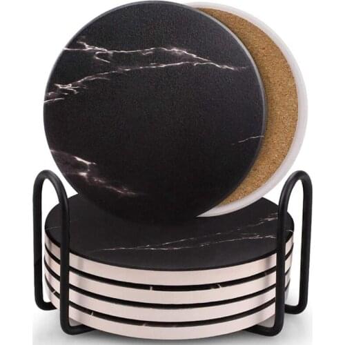 Coasters For Drinks, Ceramic Stone Coaster Set With Metal Holder Stand, Cork Base, Marble Surface Pattern Set Of 6