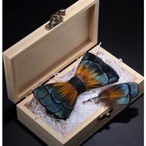 Ricnais Fashion Exquisite Handmade Original Feather Bow Tie Brooch Set Green Groom Wedding Luxury Bowtie With Box Accessories