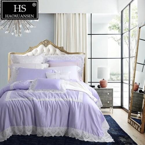 Super Luxury Purple Lace Princess Wedding 4 Piece Bedding Sets 100% Tencel Lyocell Double Duvet Cover Sheet Set Queen King Size
