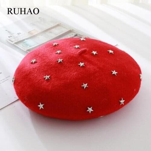 Hat Wool Keep Warm Comfortable Beret Ma'am Fashion Metal Rivet Pentagram high quality Painter Hat CAP