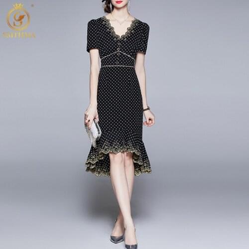 SMTHMA New Fashion Runway Summer Dress Womens Short Sleeve Vintage Embroidery V-Neck Dot Mermaid Party Dress Vestidos
