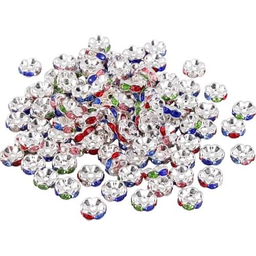 TUMBEELLUWA 1Lot(20Pcs) 8mm Rhinestone Crystal Rondelle Sliver Tone Wave Brim Spacer Loose Beads for DIY Jewelry Making