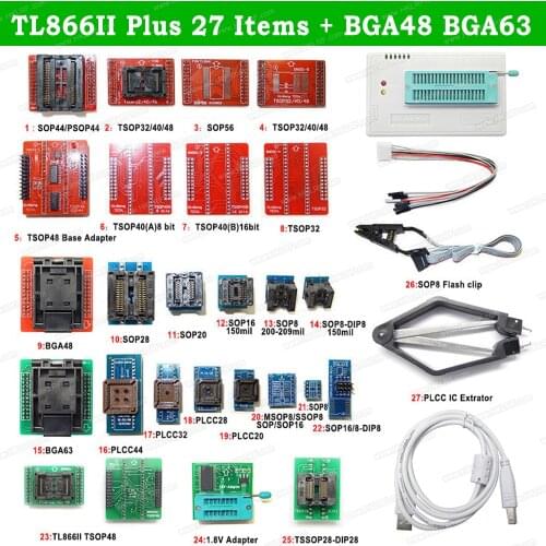TL866II Plus Universal Minipro Bios Programmer+ 27 Items With BGA48 BGA63 Adapters TL866 PIC Bios High Speed USB Programmer