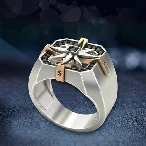 Vintage Viking Compass Seal Geometric Jewelry Mens Engagement Wedding Gift Ring