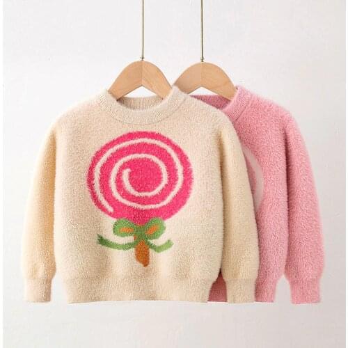 Baby Girls Knitted Sweater Autumn Winter Kids Mink Velvet Warm Print Long Sleeve Tops Toddler Childrens Pullover Knitwear