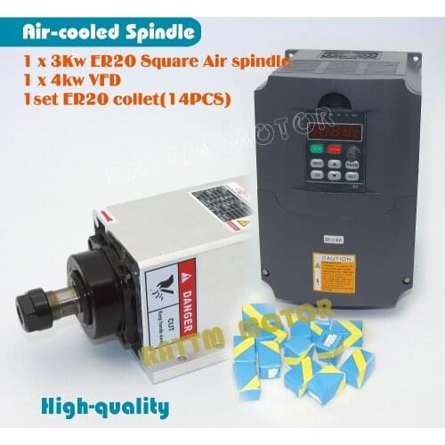 Quanlity Square 3kw ER20 Air cooled spindle motor runout-off 0.01mm 4 Ceramic bearing & 4kw VFD & ER20 collet Engraving milling