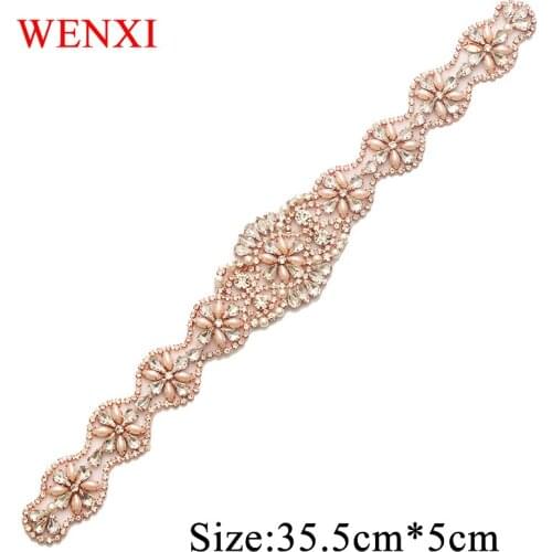 WENXI (30pcs) Wholesale Rose Gold Rhinestone Appliques With Pearls Beads Sewing On For Bridal Wedding Dresses Belt WX806