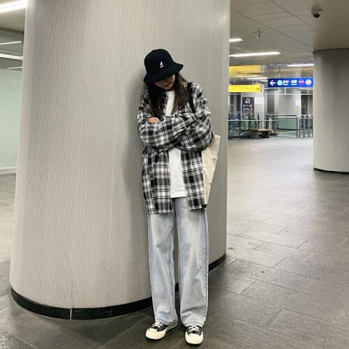 Women Blouse Retro Baggy Coat Womens Long-Sleeved Plaid Shirt Black White Plaid Blusas Ropa De Mujer