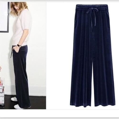 2020 Autumn Winter Women Solid Velvet Wide Leg Pants Sashes Pockets Straight Trousers Vestido Plus Size Velour pants M-7XL