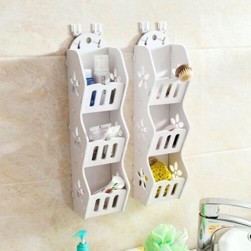 3 Layers Wood Plastic Board Storage Rack Hollow Out Bathroom Storage Wall Hanging Shelf Shelf Sundries Cabinet Storage Organizer