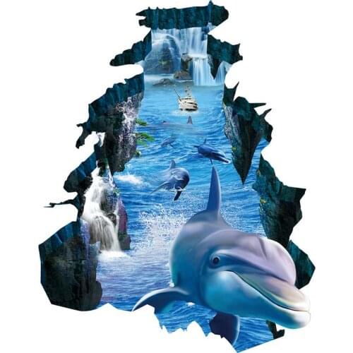 New 3D wall stickers dolphin broken wall visual environmental protection waterproof non-slip living room bedroom floor stickers