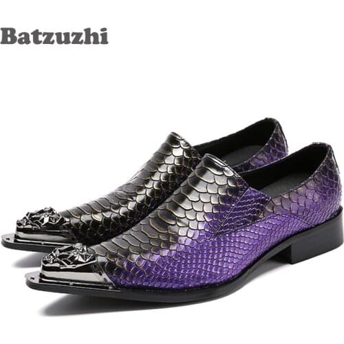Batzuzhi Fashion Mens Shoes Italy Style Pointed Iron Toe Designers Genuine Leather Dress Shoes Purple Business-Party-Stage Shoe