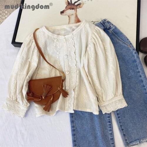 Mudkingdom Cute Girl Blouses Fashion Print Lace Long Sleeve Pullover Shirt Spring Autumn Tops Toddler Loose Fit Casual Clothes