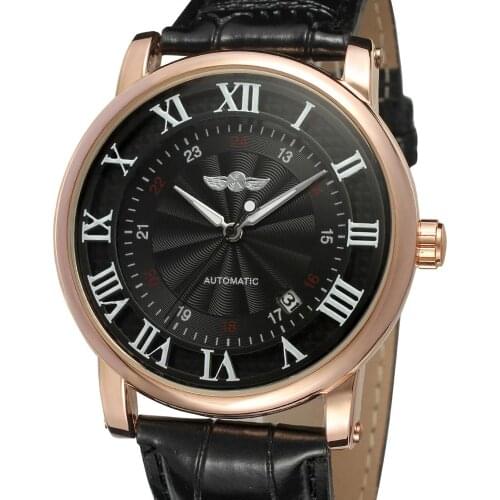 WINNER 2019 Fashion Black Genuine Leather Band Roman Number Design Calendar Display Automatic Watches for Men Top Brand Luxury