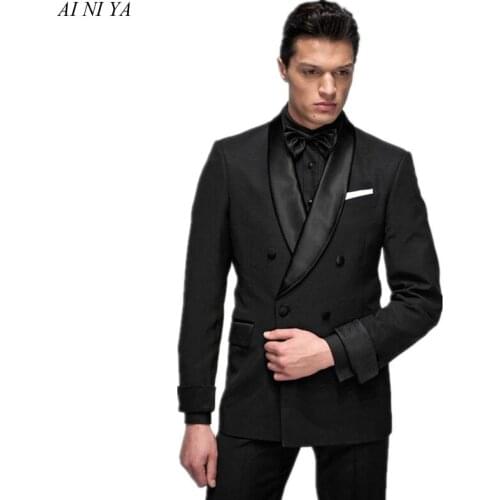 Black double-breasted shawl lapel mens suit best groom wedding custom dress business dance official tuxedo 2 pieces