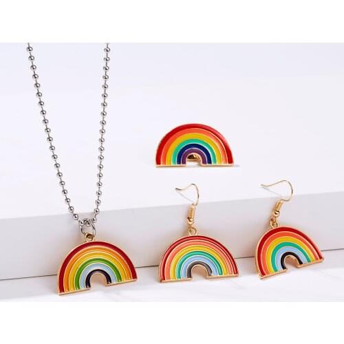 Fashion New Rainbow Jewelry Sets Colorful Rainbow Drop Earring Rainbow Necklace Lovely Rainbow Brooch Wedding Bridal Jewelry Set