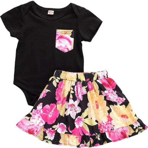 2020 Summer Baby Girl Clothes Sets Black Bodysuits Floral Mini Skirts 2Pcs Cute Kids Girl Outfits Holiday Flowers Clothing 0-2Y