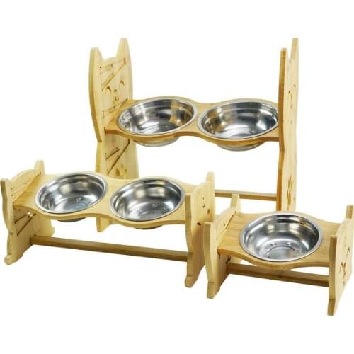 Pet Dog Bowls Elevated Heights Adjustable Bamboo Food And Water Dishes Foldable Wooden Stand Pet Cat Neck Care Raise With Bracke