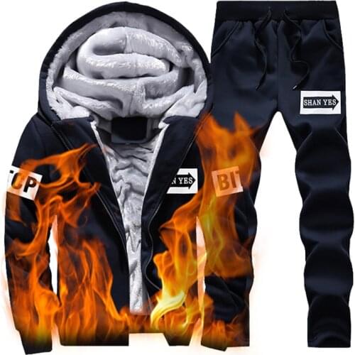 Mens Winter Warm Fleece Sports Tracksuit Male Hooded And Sweatpant Sets Casual 2 Piece Thick Warm Zipper Suit Outwear 2020