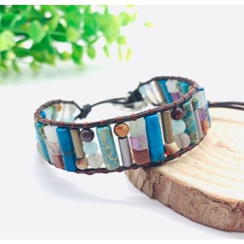 NewTube Shape Natural Stones Single Leather Wrap Bracelet Semi Precious Stone Beaded Cuff Bracelet Women Boho Bracelet Dropshpip