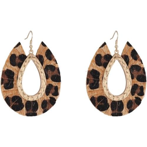 2020 New Harmmed Alloy Water Drop Fanshaped Leopard Rain Leather Drop Earrings for Women