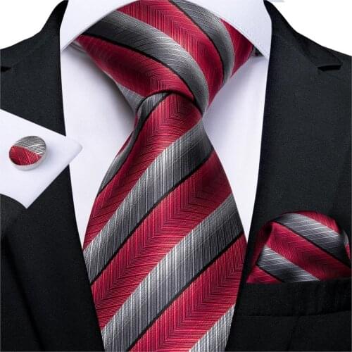 New Designer Mens Necktie Red Silver Striped Wedding Tie For Men Hanky Cufflinks Silk Tie Set DiBanGu Business Party MJ-7235