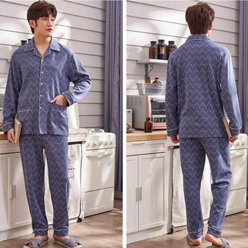 Cotton Mens Long Sleeve Large Size Pajamas & Nightgowns & Sleepshirts Casual Homewear Set Winter Spring Autumn Pajama Set Men