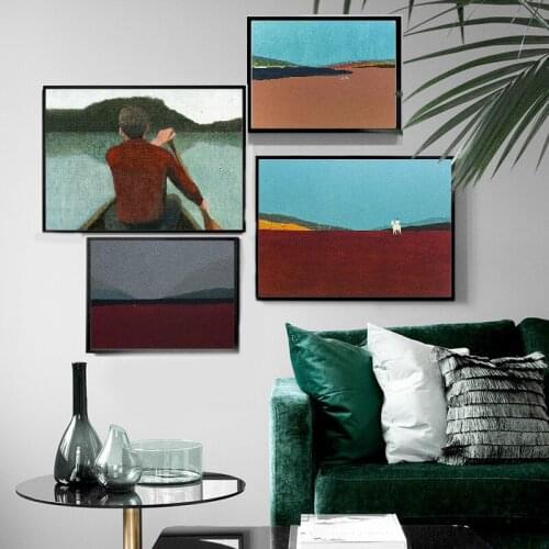 Retro abstract art landscape decoration painting of distant mountains figures on horseback hand-painted colordecoration painting