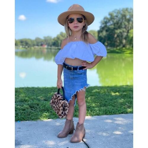 Childrens Baby Girls Tops Short Sleeve Off Shoulder Shirt Ruffle Hem + Denim Skirt Side Pocket Half Dress 2-Pieces Outfit 1-6 Y